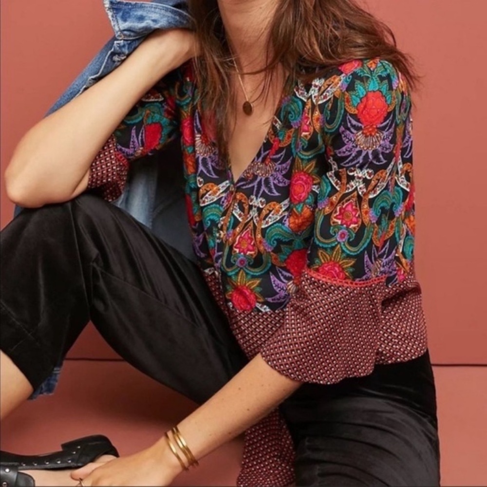 Anthropologie Maeve Carter Floral Boho Tie Front Blouse XS